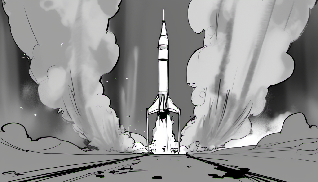 storyboard sketch of Rocket launching from a spaceport, flames and smoke billowing, shaking the ground.  <lora:storyboard sketch:0.8>
