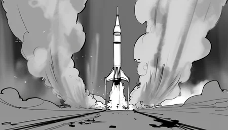 storyboard sketch of Rocket launching from a spaceport, flames and smoke billowing, shaking the ground. <lora:storyboard sketch:0.8>