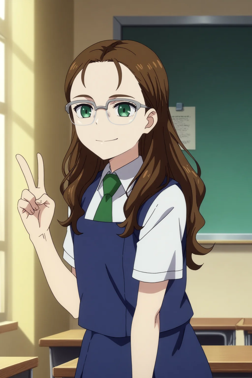 nagase koito,1girl,solo,glasses,school uniform,necktie,long hair,over-rim eyewear,shirt,smile,green necktie, short sleeves,standing,looking at viewer,cowboy_shot BREAK indoors,classroom,desk behind,chalkboard,windows,happy,peace sign,close-up <lora:Nagase_Koito_-_Wonder_Egg_Priority.safetensors:0.8> <lora:detailed_backgrounds_v2.safetensors:0.5>