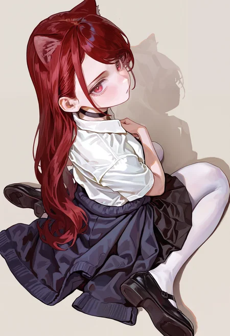 masterpiece, highres, absurdres, newest, very awa, painting \(medium\), simple background, close-up, forced perspective, 1girl, solo, cat ears, red eyes, red hair, long hair, black choker, white dress shirt, short sleeves, pleated skirt, black skirt, sweater around waist, pantyhose, mary janes, black footwear, from behind, from above, looking back at viewer, sitting, wariza, <lora:spo_sdxl_10ep_4k-data_lora_webui>, <lora:NOOB_EPSv1_1_detailer_by_vlnvk_v1_0:0.5>, <lora:illustrious_noobai_epsilon_pred_1_best_quality_v1:0.7>, <lora:noobai_ep11_stabilizer_v0.30_fp16:0.4>, <lora:FKEY:0.8>,