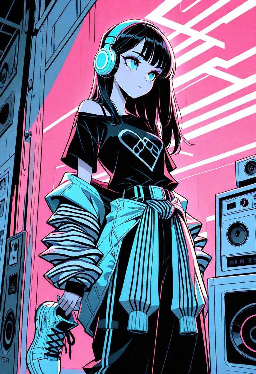 masterpiece, best quality, 1girl, solo, eyelashes, (beautiful eyes),     standing, cowboy shot, shoes, striped, belt, pants, off shoulder, headphones, sneakers, clothes around waist, fashion,   <lora:Style60_IXL:1.0>,