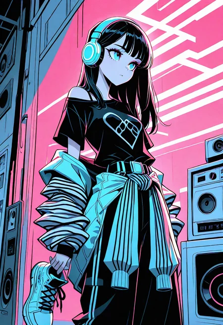 masterpiece, best quality, 1girl, solo, eyelashes, (beautiful eyes), standing, cowboy shot, shoes, striped, belt, pants, off shoulder, headphones, sneakers, clothes around waist, fashion, <lora:Style60_IXL:1.0>,