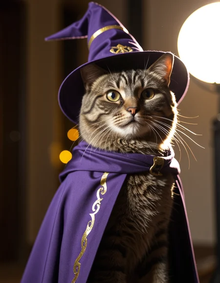 a cat, ((wizard outfit)), epic scene, dynamic camera, backlight, (close up:1.2), high quality photography, 3 point lighting, flash with softbox, 4k, Canon EOS R3, hdr, smooth, sharp focus, high resolution, award winning photo, 80mm, f2.8, bokeh