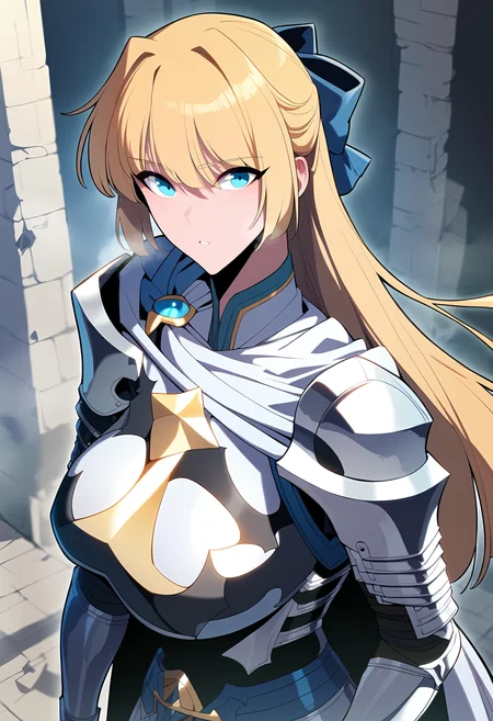 score_9, score_8_up, score_7_up, score_6_up, source_anime, rating_explicit, <lora:neg4all_bdsqlsz_V3.5:2.0>1girl, (solo:1.2), huge breasts, <lora:Teresa du Laurentiaponyxl:1> blonde hair, blue eyes, long hair, hair bow, knight, white cape, shoulder armor, armor, breastplate, gauntlets, faulds, expressionless, Narrow shoulders, heavy breathing, steaming body, ruins, outdoors, looking at viewer