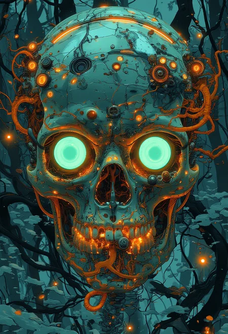 black future,Niji artstyle, A deep interconnected network of slime fungus colonies in top of a old rusty skull sign , sign resting in between fallen leaves on ground