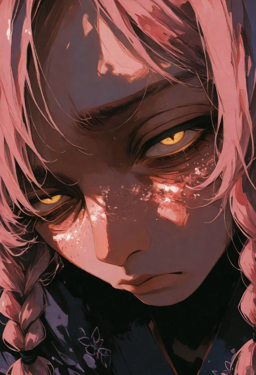 masterpiece,best quality,amazing quality,very aesthetic,newest,ultra detail, (score_9,score_8_up,score_7_up,score_6_up,rating_safe),hyper-detailed,ultra HD,cinematic lighting,(maeve:2.0),young with an asymmetrical hairstyle,(long braids:1.2) ,(looking at viewer:1.5),(pink hair:1.5),(deep emotional connection:1.4),(detailed facial features:1.4),(no fusion,no deformities,correct anatomy:1.5),sexy pose,dynamic pose,(yellow eyes:1.5), (glowing eyes:1.5),(Cat pupils:2.0),Detailed eyes, (white freckles),(glowing freckles:2.0),wild and swaying hair, small breasts,(bare shoulder:1.5),(Hanging breasts),(black kimono:1.5),kimono open,(cleavage),(Tired expression:2.0),(dark circles under the eyes:2.0), (Sleeping face:1.5),(deeply distressed:1.5),(squinting eyes:1.5),tabi,Calf,plump lips,(Sitting:1.5),side locks,makeup,floral print,(front-facing, direct view:1.5),(extreme close-up, eye focus:1.8),Warm crimson ambient light, light that illuminates maeve dimlylight,<lora:illustrious_all_rated_v1:0.5><lora:ppw_v7_noobE11_6_r2_0.05:0.6><lora:nhl-001:0.6> nhl-001,limited palette,realistic,BREAK
Japanese house, Moody lighting,<lora:wasabi_natsume_style_r1:0.8> wasabi_natsume_illu,abstract, surreal,<lora:748cm_illu:0.4> 7481llu