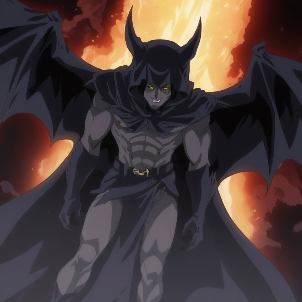 anime artwork of  <lora:Demon:0.9>
High angle from above, Demon a demonic creature with large bat wings is being summed up from hell, rising up from ground, solo,black hair,1boy,male focus,hood,cloak,eroge,anime,manga,nsfw,cartoon,Adult animation,explicit,Original video animation,Baiburu Burakku style,Bible Black style,solo , male devil, creature, evil, demonic, villain, glowing eyes, muscular, golden yellow eyes, bat-like wings, dragon wings, dark, curved fang, eroge,anime,manga,nsfw,cartoon,Adult animation,explicit,Original video animation, Baiburu Burakku style, Bible Black style, anime style, key visual, vibrant, studio anime,  highly detailed