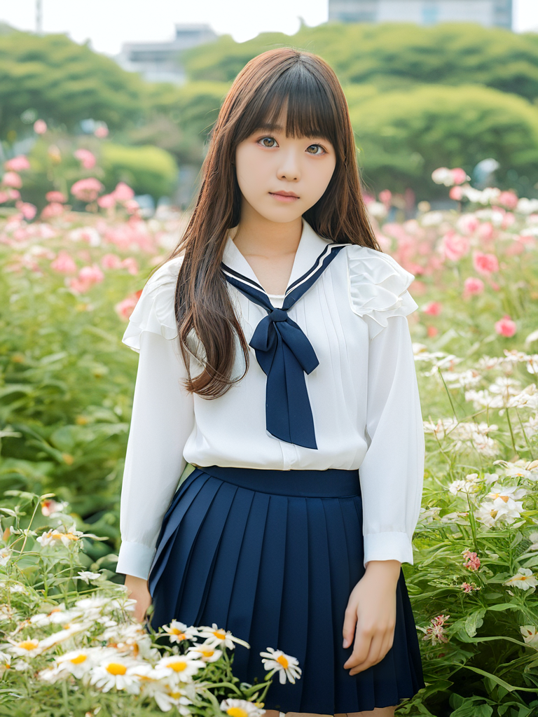 Portrait Photography, Cowboy shot,
cute Japanese Idols, Layered Long Hair, Beautifully detailed eyes,
blouse, Pleated skirt,
morning park, Flowers in the flowerbed  <lora:SkimMilk-10:0.7>