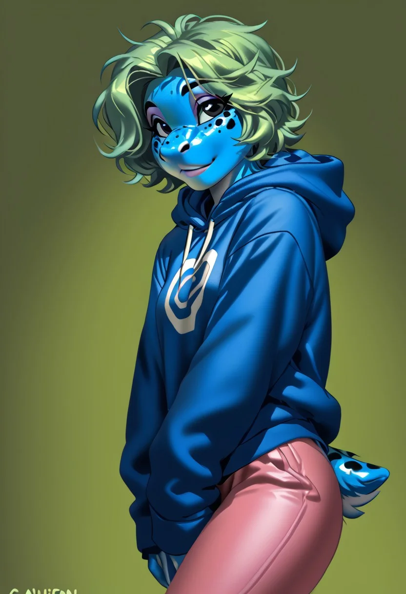 score_9, score_8_up, score_7_up, (by kittydee:1.5), (by jailbird:1.5), (by zummeng:1.5), masterpiece, best quality, (solo),
(Furry Art : Anthro : Blue Poison Dart Frog:1.5), (scaly), 1girl, expressive eyes, feminine eyes, perfect face, feminine face, (pale green hair:1.5), (short wavy twintail hair:1.3), feminine body, small breasts, (frog:1.3), amphibian, blue skin, black spots, (pastel blue hoodie:1.5), (pink yoga pants), (t-shirt:1.5), (black eyes),
