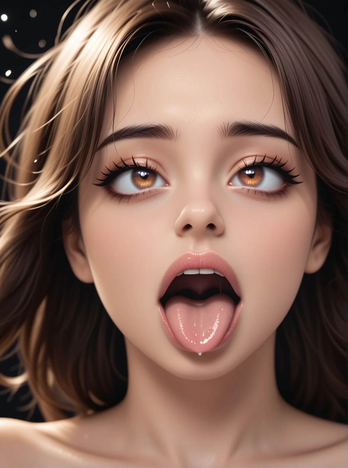 woman, close up, ahegao, tongue out, saliva, crossed eyes, rolling eyes, wide open mouth, dark background, bare shoulders, eyeliner, floating hair, floating particles, <lora:Woomy 7 Pony:1> brown eyes, bangs, brown hair,
