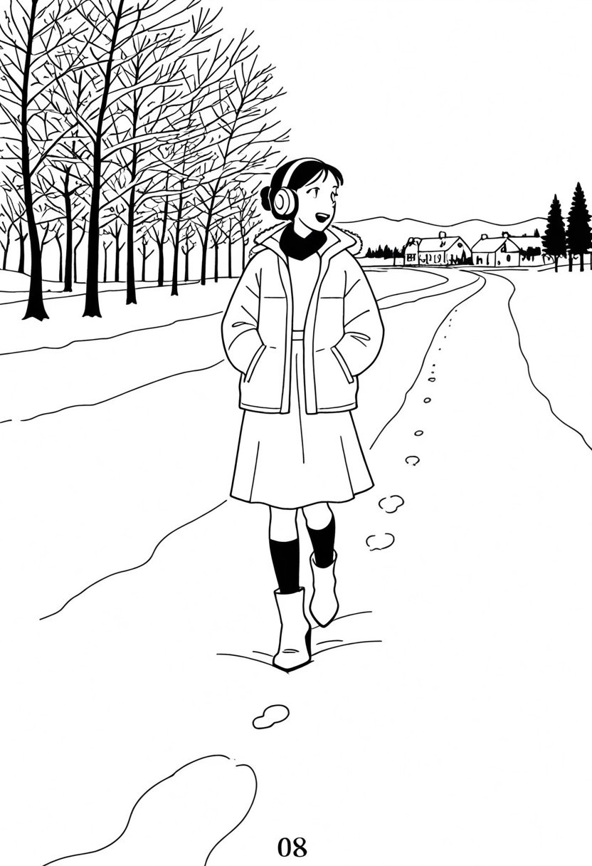 Jfk_style, greyscale, 1girl,lonely gaze, upper teeth,  walking in snow, lonely face, hands in pockets, long socks, looking at the horizon, headphones, music sounds, trees, winter countryside,  , high heel boots, dynamic angle, skirt, dark green woolen jacket, brown hair, slightly undone updo, looking at the horizon, , delicate physic, coloring page