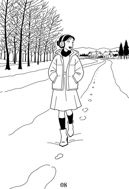 Jfk_style, greyscale, 1girl,lonely gaze, upper teeth, walking in snow, lonely face, hands in pockets, long socks, looking at the horizon, headphones, music sounds, trees, winter countryside, , high heel boots, dynamic angle, skirt, dark green woolen jacket, brown hair, slightly undone updo, looking at the horizon, , delicate physic, coloring page