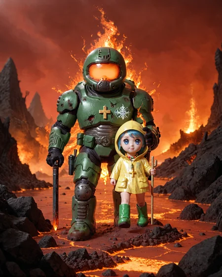 best quality, score_9, score_8,score_7,masterpiece,detailed, highres, 4k,absurdres, warm colors, warm lighting,best_of, outdoors, scenery, blurry background, full body, glowing,(painting in jrst artstyle),
BREAK
duo, human, humans, 1boy, doomguy, helmet, green armor, shotgun, weapon, standing,(standing on hill), 1girl,(sitting on shoulder), size difference,  luce, hood, blue_hair, raincoat, yellow_raincoat, boots,  rubber_boots, jewelry, (golden cross), glowing, holy, necklace, religion, christianity, staff, cross, (doomguy and luce fighting against demons in hell),badass,heroes,swords,(holy glow), celestial,(rip and tear),
BREAK
hill, war, battlefield, fire, holding weapon, heroic, (doom \(series\),)hero, action, (demons in the background), hell:1.4, lava, molten rock, hellfire,explosion, ( red sky),
BREAK
 <lora:doomguy_xl_v1:0.8> <lora:Best_Of_Pony_v11_Dream:0.333> <lora:HELL_SDXL:0.666> <lora:SDXL1.0_Essenz-series-by-AI_Characters_Style_JakubRozalski1920plusScytheIronHarvest-v1.1:0.555> <lora:luce-PD-1.0:0.75>