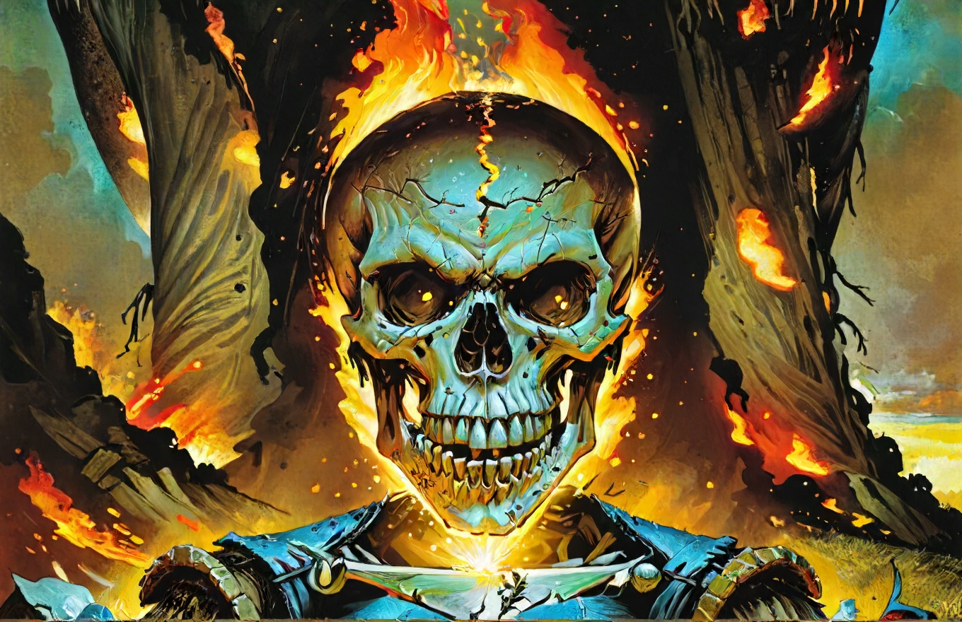 <lora:RpgArtworkStyle_v1:1.2> rpgartworkstyle, small centered composition, product shot, plain background, designed by Clayton Crain, wallpaper art, in the center is an image of a mundane ("The Skull of Ancients":1.1) , Grim, Dragoncore, Warm lighting, comic book cover, ugly, artwork, contemporary fine detail, contemporary, highly color focused, quality, atmosphere