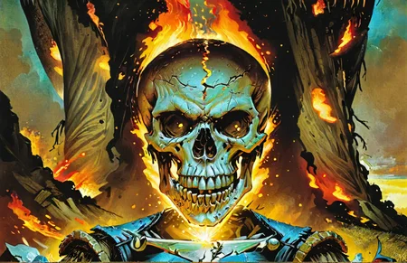 <lora:RpgArtworkStyle_v1:1.2> rpgartworkstyle, small centered composition, product shot, plain background, designed by Clayton Crain, wallpaper art, in the center is an image of a mundane ("The Skull of Ancients":1.1) , Grim, Dragoncore, Warm lighting, comic book cover, ugly, artwork, contemporary fine detail, contemporary, highly color focused, quality, atmosphere
