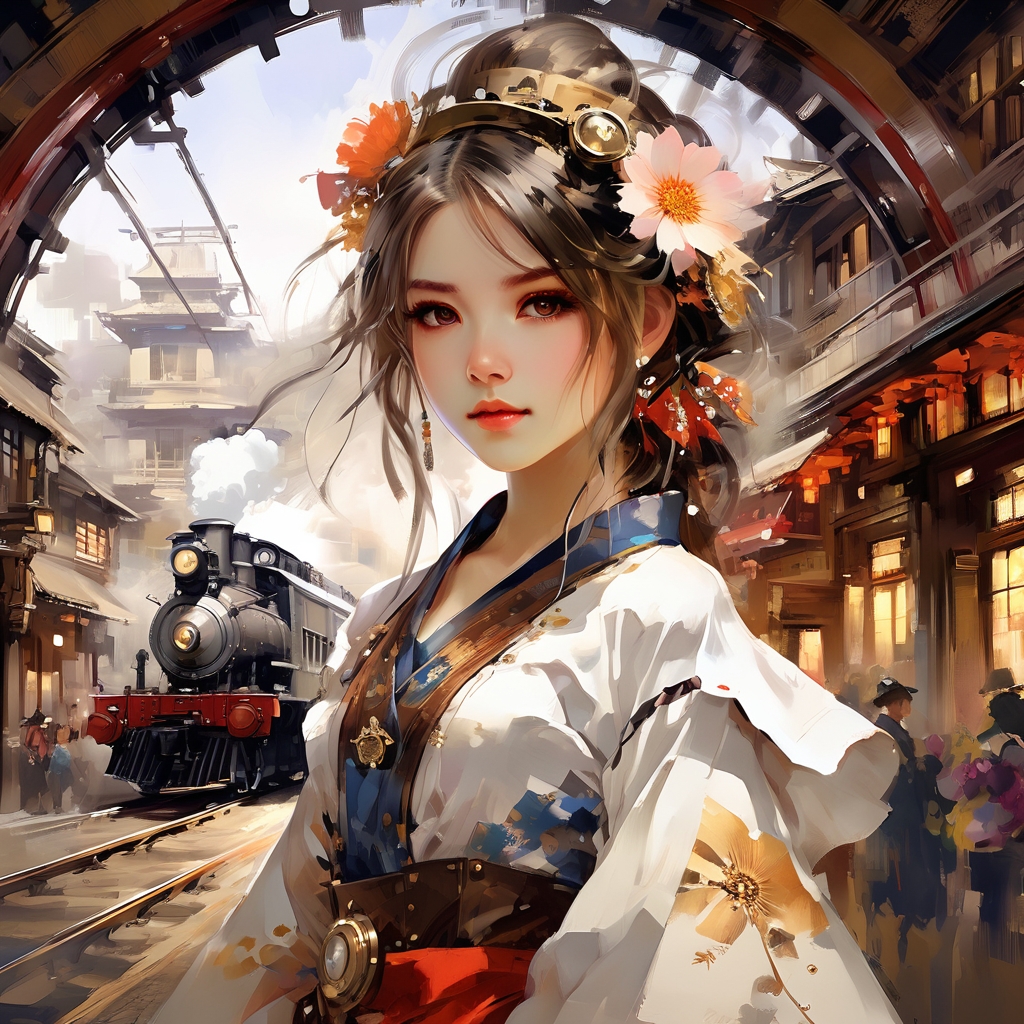 (extremely detailed CG unity 8k wallpaper),(masterpiece), (best quality), (ultra-detailed), (best illustration),(best shadow), (an extremely delicate and beautiful), dynamic angle, floating, finely detail, (bloom), (shine), glinting stars, classic, (painting), (sketch), Taisho steampunk, (steampunk:1.2)
(1girl:1.7), (2020s), (cute face:1.3), anime face, ((solo)), beautiful detailed face, shiny hair, colorful clothes, (kimono), (Japanese maid), maid dress, maid headdress, hair flower, hair ornament, (Frill), Brass Pocket Watch, extremely delicate and beautiful girls, beautiful detailed eyes, cowboy shot,
steam train, building architecture, (Japanese style architecture), (street:1.2)
oil and watercolor painting,<lora:oil_and_watercolor_painting:0.8>,