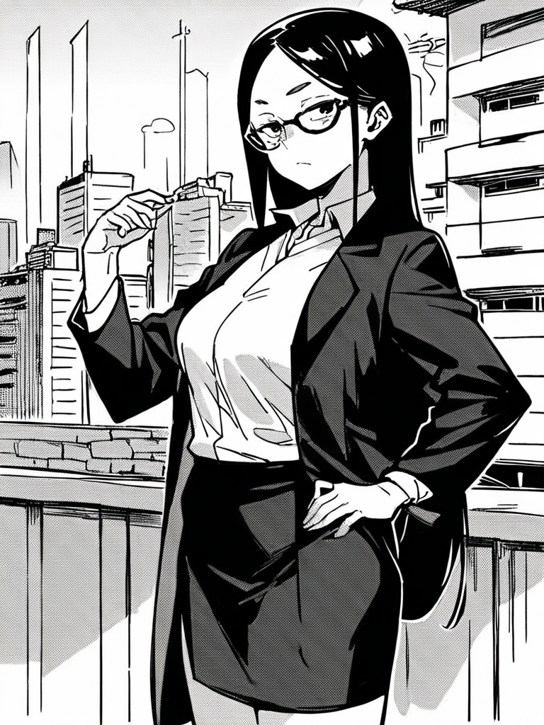 score_9, score_8_up, score_7_up,  
1girl,  monochrome, aoi ee, medium breasts, black eyes, glasses, black hair, long hair, 


standing, bored, narrowed eyes, looking at viewer, formal, office lady, black jacket, white shirt, black skirt, hand on hip, outdoors, city, solo,