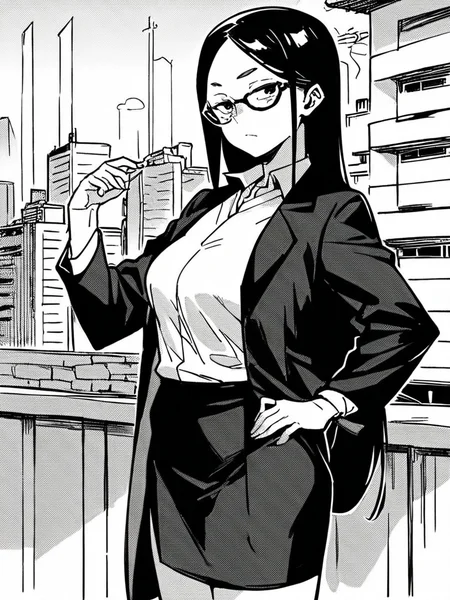 score_9, score_8_up, score_7_up,
1girl, monochrome, aoi ee, medium breasts, black eyes, glasses, black hair, long hair,
standing, bored, narrowed eyes, looking at viewer, formal, office lady, black jacket, white shirt, black skirt, hand on hip, outdoors, city, solo,