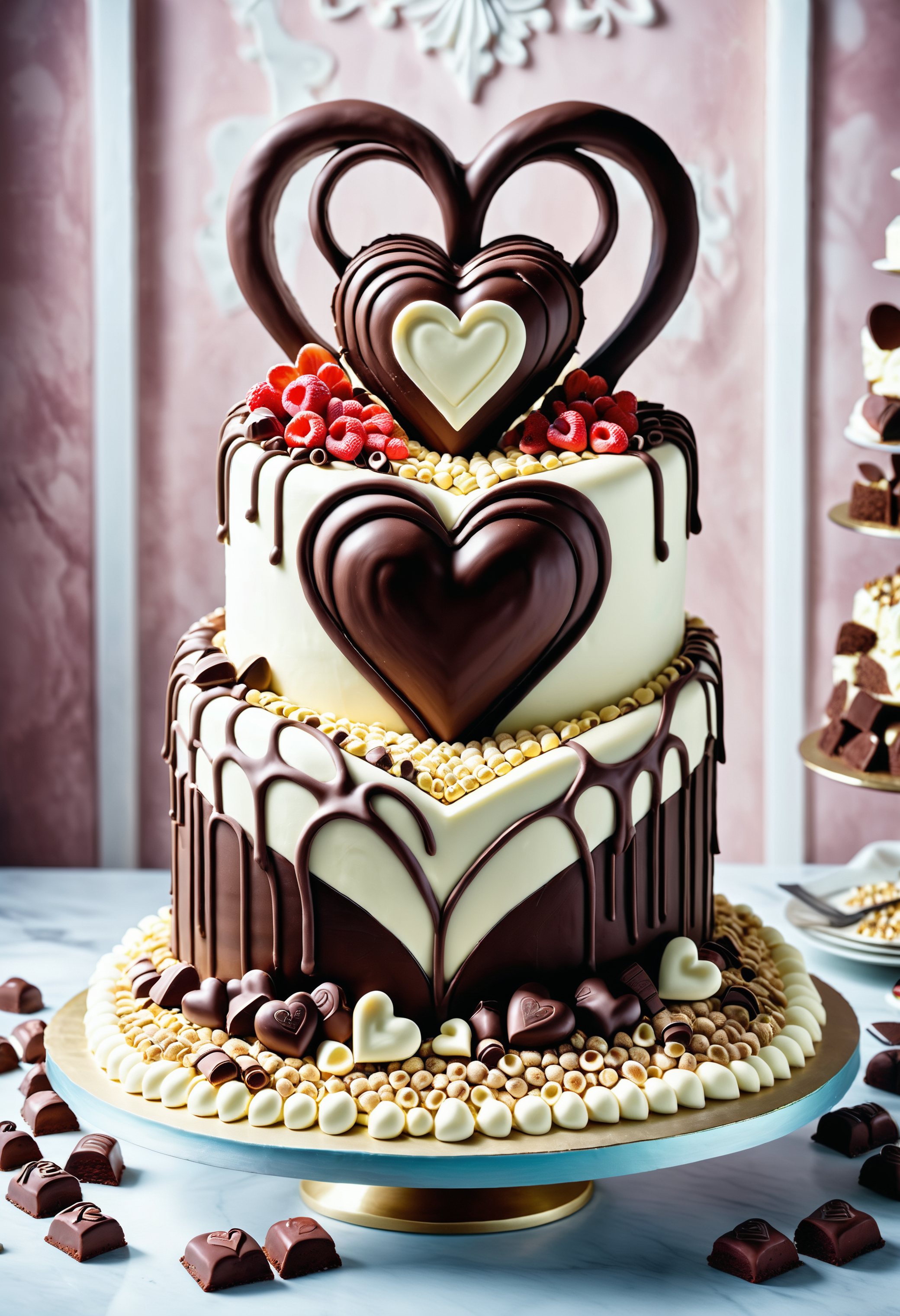A masterpiece of a giant cake, Game art, ("Petrified Heart":1.1) , large, charming, Jed-ChocoC, chocolate, cereals, <lora:last:0.7>, Jed-whtccae, <lora:WhiteChocoStyle-000005:0.6>, Jed-mrshmlw, <lora:MarshmallowStyle-000007:0.5>, Icing, stunningly beautiful background, masterpiece, positive emotions, imposing, highly detailed, cinematic perfect intricate stunning fine detail, perfect symmetry, ambient