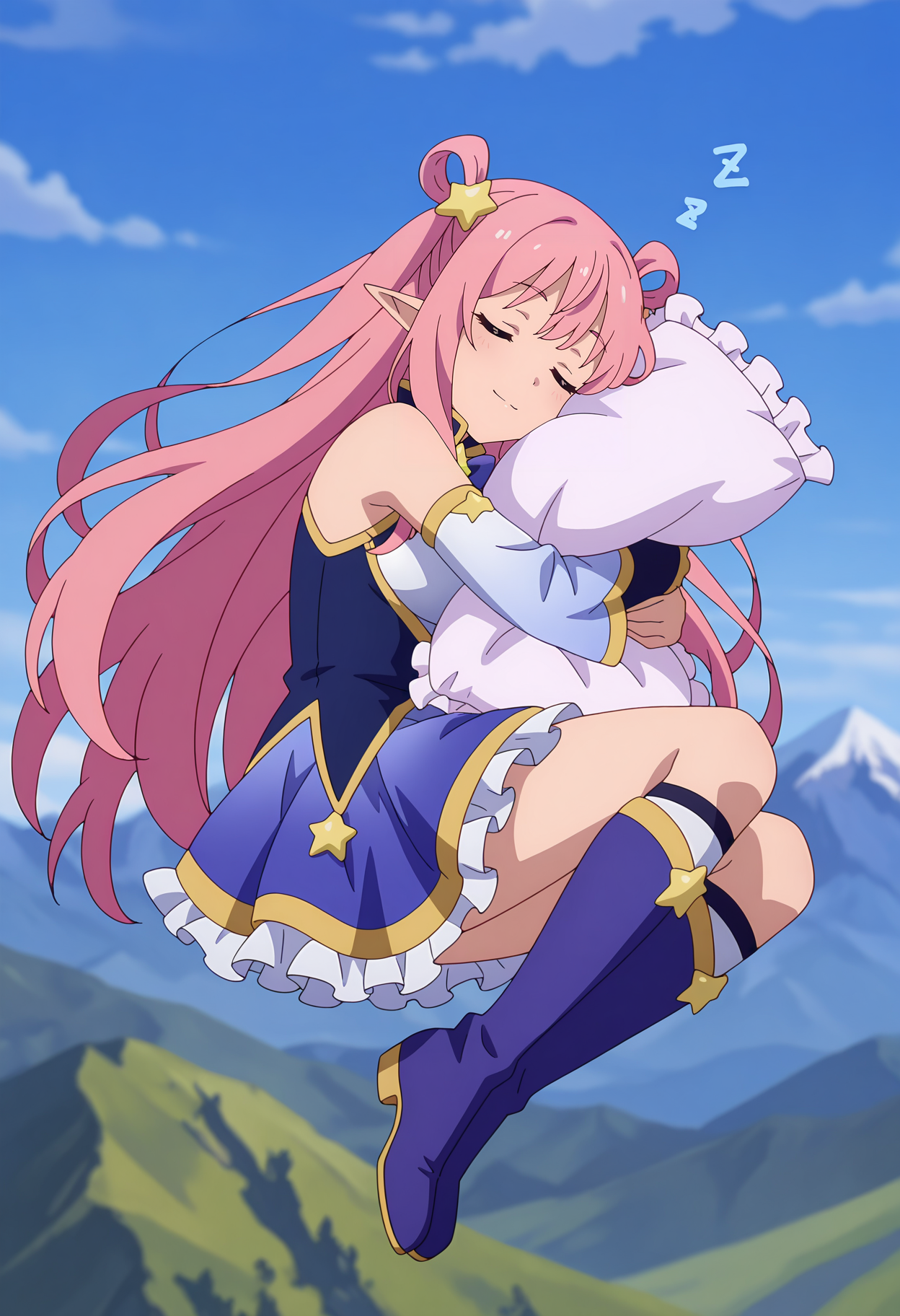 anime screencap, masterpiece, best quality,
<lora:PrincessConnect_Hatsune_IlluXL:0.9>,
1girl, solo, closed mouth, light smile, sleeping, zzz, 
two side up, hair rings, pink hair, very long hair, closed eyes, pointy ears, hair ornament, star (symbol),
sleeveless dress, multicolored dress, neck bow, purple bow, detached sleeves, frilled skirt, layered skirt,
knee boots, purple footwear,
pillow hug, frilled pillow, looking at viewer, flying, midair, full body,
blurry background, mountainous background, scenery, blue sky,