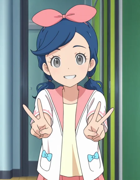 masterpiece, amazing quality, high resolution, anime screencap, anime screenshot, 1girl, m4n4m1, blue hair ,grey eyes, low twintails, pink hair bow, ,pink jacket ,yellow shirt, pink skirt, Park, looking at viewer, peace sign, v, smile, teeth