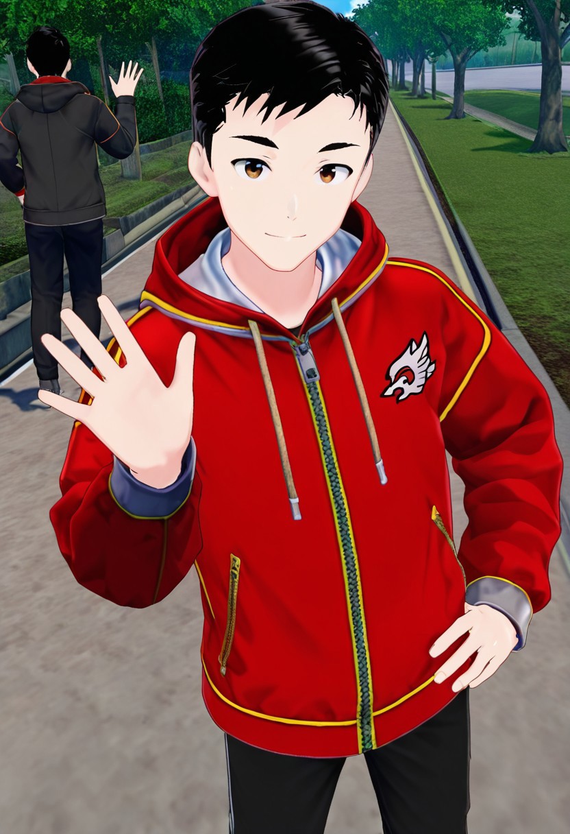 harmard, black hair, short hair, brown eyes, 1boy, solo, solo focus, red_white_jacket, black pants, young man, youthful, outdoor setting, right hand waving gesture, left hand leans on hip,