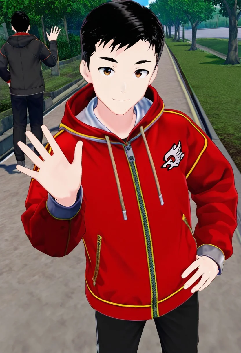 harmard, black hair, short hair, brown eyes, 1boy, solo, solo focus, red_white_jacket, black pants, young man, youthful, outdoor setting, right hand waving gesture, left hand leans on hip,