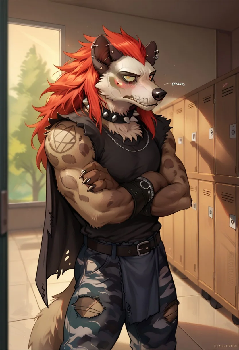 forsburnLovers, hyena, brown fur, spotted fur, red hair, face paint, skull, male, yellow eyes, solo, 1boy, cape, torn cape, loincloth, holding knife, male, masculine, arms crossed, school hallway, lockers, looking away, neutral expression, blush, score_9, score_8_up, score_7_up, score_6_up, score_5_up, score_4_up zPDXL, solo, light effects, (high quality:1), (realistic:1.2), good anatomy, muscular, solo, nice angle, (fullbody:1), standing, sleeveless shirt, camouflage pants, spiked collar, jewelry, bracelet, earrings, combat boots