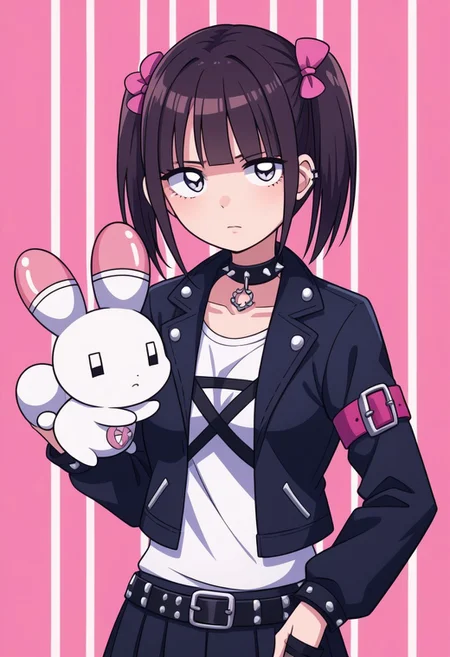 score_9, score_8_up, score_7_up,
masterpiece, best quality, detailed, amazing quality,
detailed background, stripes,
detailed eyes, clean eyes,
dynamic pose,
easynegative,
solo, 1girl, menhera-chan, usatan, punk, spikes, belts, black clothing,