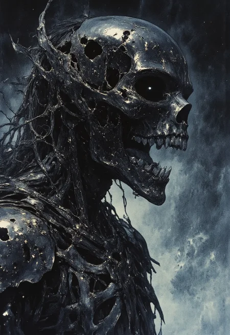 Off-center composition, right-aligned dynamic composition, an other wordly alien like monstrous skeletal creature, black glossy fractal skin leather texture, slimey, teeths, profile of a skeletal wolf with gaping jaws sharp teeth, disheveled fur fused half with a human set against a dark smoky background. The lighting accentuates the bone's texture and eerie atmosphere, cinematic film still, shallow depth of field, vignette, highly detailed, high budget, bokeh, cinemascope, moody, epic, gorgeous, film grain, grainy, cyberpunk style, glowing eyes, weird creature, blood moon in the background, Attack mode, hunting, on the move