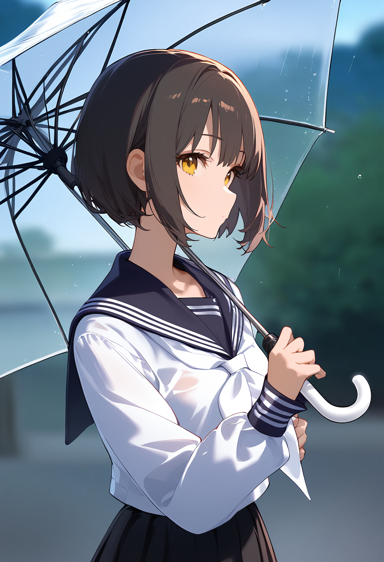 1girl,
takafuji kako,


holding, blue shirt, white shirt, holding umbrella, bob cut, closed mouth, blurry, rain, transparent umbrella, blurry background, transparent, upper body, short hair, shirt, skirt, over shoulder, looking to the side, from side, neckerchief, yellow eyes, blouse, looking at viewer, long sleeves, umbrella, solo, white neckerchief, hand up, depth of field, sailor collar, black hair, black sailor collar, outdoors, virtual youtuber, black skirt,

sfw
<lora:a31_char_new_takafuji_kako:1> <lora:a31_style_koni-000010:0.8>