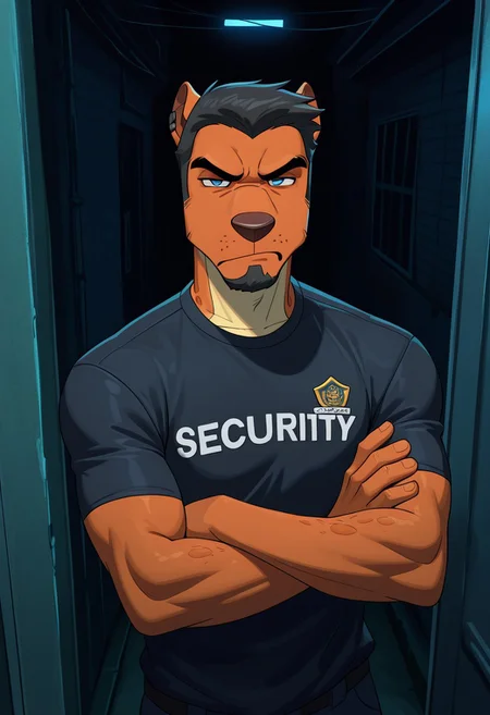 masterpiece, best quality, amazing quality, very aesthetic, absurdres, newest, high quality, detailed, male, solo male, JasonCD, 1boy, broad shoulders, mature male, anthro, orange skin, blue eyes, black hair, thick eyebrows, facial hair, goatee, sideburns, animal ears, athletic build, black tshirt, security guard, bouncer, half lidded eyes, grumpy, scowl, looking at viewer, arms crossed, outdoors, alley, standing in front of door, guard, night (theme), club (place), volumetric lighting, detailed face:2.0, detailed eyes:2.0, short hair, ear piece