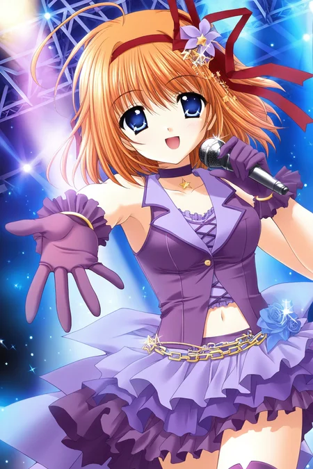 <lora:KaedeFuyou:0.8>, Kaede Fuyou, blue eyes, orange hair, ribbon, hair ribbon, ahoge, red ribbon, short hair, hair between eyes, hairband, 1girl, holding, gloves, skirt, navel, purple skirt, solo, looking at viewer, smile, microphone, holding microphone, open mouth, boots, choker, outstretched arm, thighhighs, breasts, sleeveless, sparkle, stage, hair ornament, shirt, outstretched hand, frills, purple gloves, dutch angle, reaching, frilled skirt, collarbone, sleeveless shirt, bow, thigh boots, reaching towards viewer, midriff peek, bare shoulders, purple footwear, vest, light particles, midriff, star \(symbol\), jewelry, purple bow, armpits, miniskirt, stage lights, stomach cutout, idol, zettai ryouiki, frilled gloves, black choker, singing, purple shirt, hair bow, glint, layered skirt, purple choker, music, chain, clothing cutout, flower