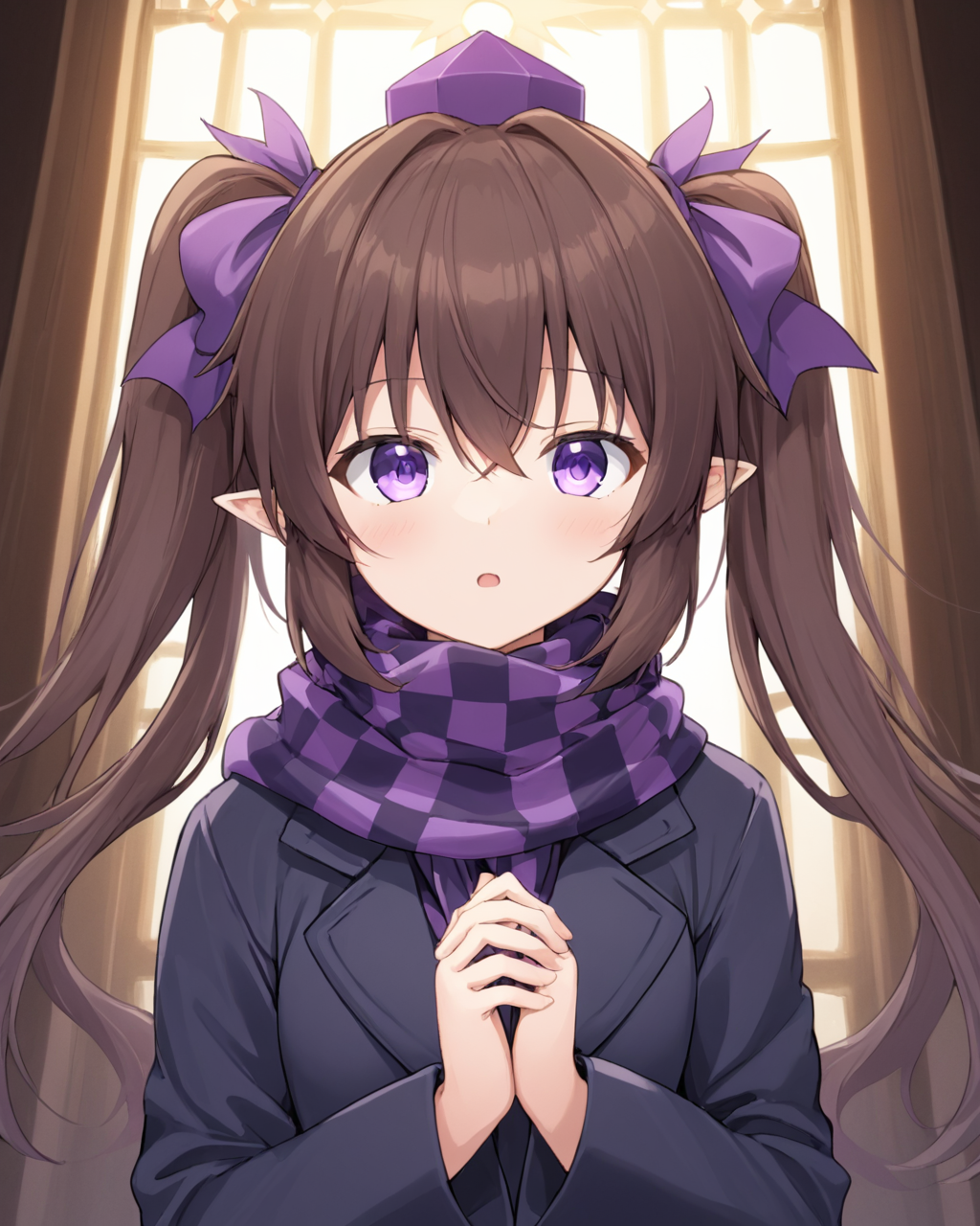 himekaidou hatate,1girl, solo, twintails, tokin_hat, looking_at_viewer, upper_body, long_sleeves, coat, open_mouth, breath, hair_ribbon, signature, checkered_scarf, purple_scarf, own_hands_together
<lora:himekaidou_hatate_image2639_2023-12-20-000010:1>,star-shaped_pupils,symbol-shaped_pupils,. gorgeous,key visual, vibrant, studio anime,award-winning, professional, highly detailed,high budget, cinemascope