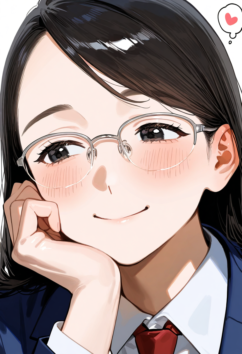 halfrim22A, over-rim eyewear, grey-framed eyewear,
1girl, solo, black eyes, black hair, long hair, swept bangs, collared shirt, red necktie, blue blazer, blush, smile, happy,
simple background, white background, portrait, upper body, looking at another, look down, looking to the side, hand on own cheek, heart, thought bubble, spoken heart,  
masterpiece, best quality, amazing quality, very aesthetic, absurdres,
<lora:glasses_halfrim22A_Illustrious_V1L:0.7>