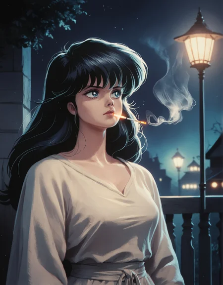 score_9, score_8_up, score_7_up,score_6_up,high resolution,mdk,1girl,solo,black hair,long hair,night,concept art, digital art, realistic,retro,looking sideways,volumetric lighting,depth of field,fullbody,night,smoking