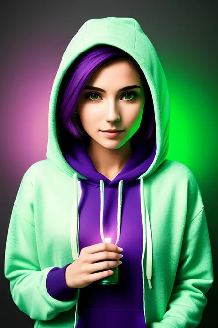 a woman in a hoodie holding a green and purple light