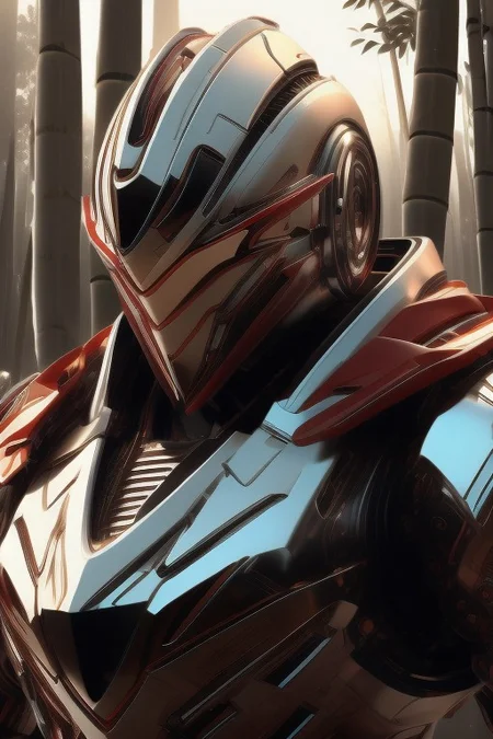 ((masterpiece)), ((best quality)), 8k, ultra-detailed, futuristic android robot, metallic mask,  half-body photo, sleek military tech project inspired by Japanese design, (samurai influences) in the armor, (red and white color scheme), with black accents, intricate kanji symbols engraved on the chest plate, glowing red eyes, dynamic warrior-like pose, (simple background: futuristic Tokyo or bamboo forest), cinematic lighting, subtle mist and smoke, capturing both ancient warrior spirit and futuristic technology, sharp focus, detailed background,real robot,epic mecha, chrometech