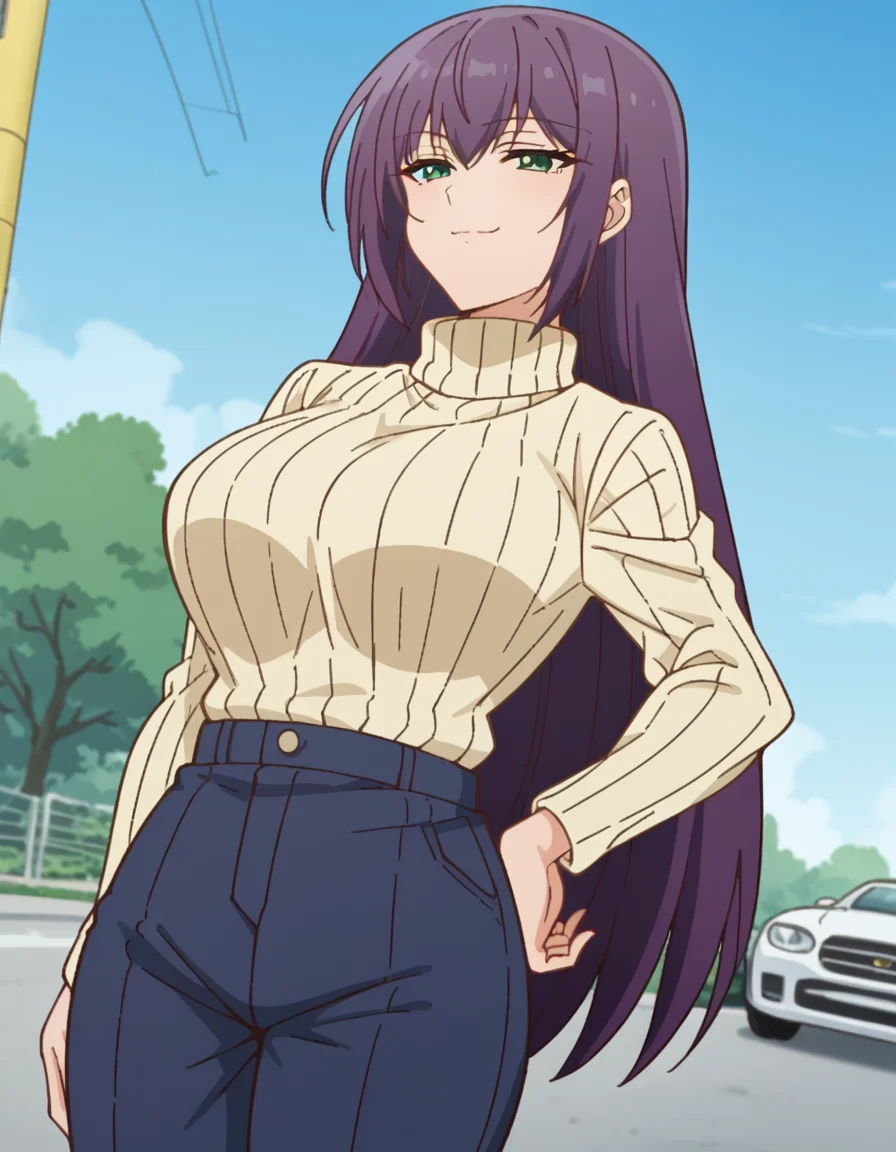 score_9, score_8_up, score_7_up, source_anime, <lora:yutaka-shinozaki-s1-ponyxl-lora-nochekaiser:1>, yutaka shinozaki, long hair, bangs, very long hair, green eyes, purple hair,, large breasts, mature female, long sleeves, pants, sweater, turtleneck, ribbed sweater, turtleneck sweater, blue pants, white sweater, parking lot, cars, asphalt, spaces, open, , smug, hands on own hip,, looking at viewer, solo,, dutch angle, cowboy shot