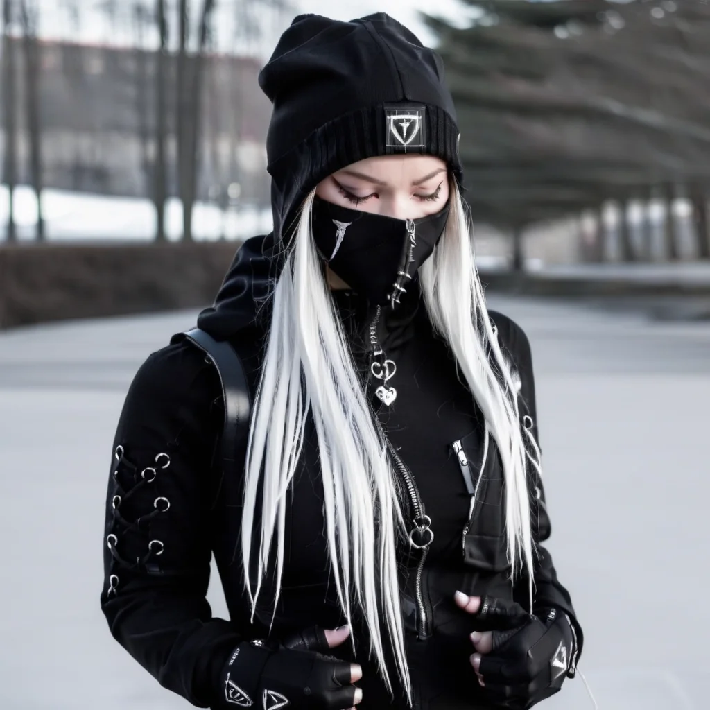 beanie, dual wielding, jewelry, hood up, ponytail, fingerless gloves, zipper, closed eyes, looking at viewer