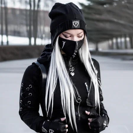 beanie, dual wielding, jewelry, hood up, ponytail, fingerless gloves, zipper, closed eyes, looking at viewer