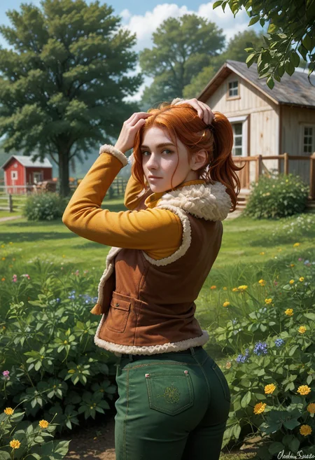 score_9, score_8_up, score_7_up,, high res ima , source_photo, source_real, (realistic:1.4),
1girl, cowboy shot, solo, , hands on head, pride, ,
ass,
outdoors, farm, garden, <lora:Robin_-_IL:0.8> Robin_SDV, green eyes, orange hair, ponytail, yellow turtleneck, green pants, brown vest, fur trim, masterpiece, best quality, good quality, newest
