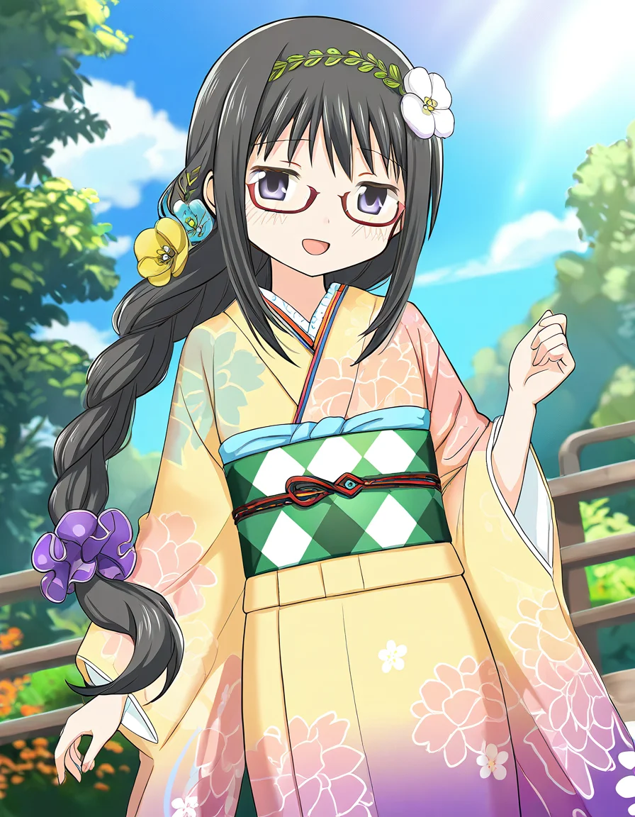 masterpiece, best quality, newest, absurdres, highres, safe, 1girl, akemi homura \(haregi costume\), magia record: mahou shoujo madoka magica gaiden, glasses, smile, open mouth, solo, day, outdoors, dutch angle, <lora:20241226152250_akemi_homura_noobaiXLNAIXL_vPred10Version:0.7>