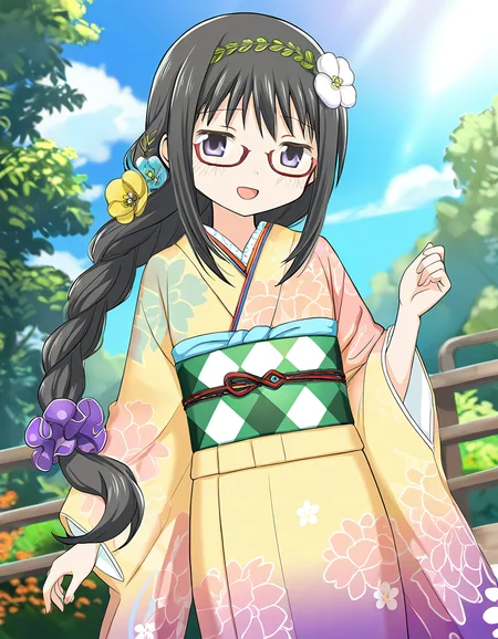 masterpiece, best quality, newest, absurdres, highres, safe, 1girl, akemi homura \(haregi costume\), magia record: mahou shoujo madoka magica gaiden, glasses, smile, open mouth, solo, day, outdoors, dutch angle, <lora:20241226152250_akemi_homura_noobaiXLNAIXL_vPred10Version:0.7>