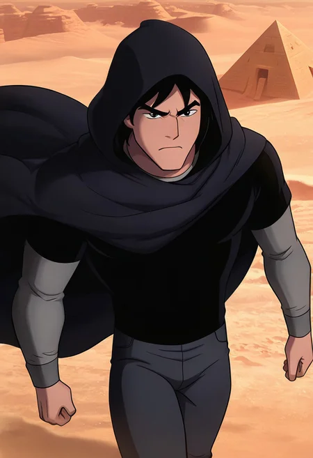 masterpiece, best quality, amazing quality, very aesthetic, absurdres, newest,
kevaf, black hair, 1boy, solo, black shirt, layered sleeves, short over long sleeves, thick eyebrows,
angry,, desert, strog wings, cloak, black cloak, cloaked up, hood up, desert sands, sand dunes, egyptian pyramids, flowing cloak,