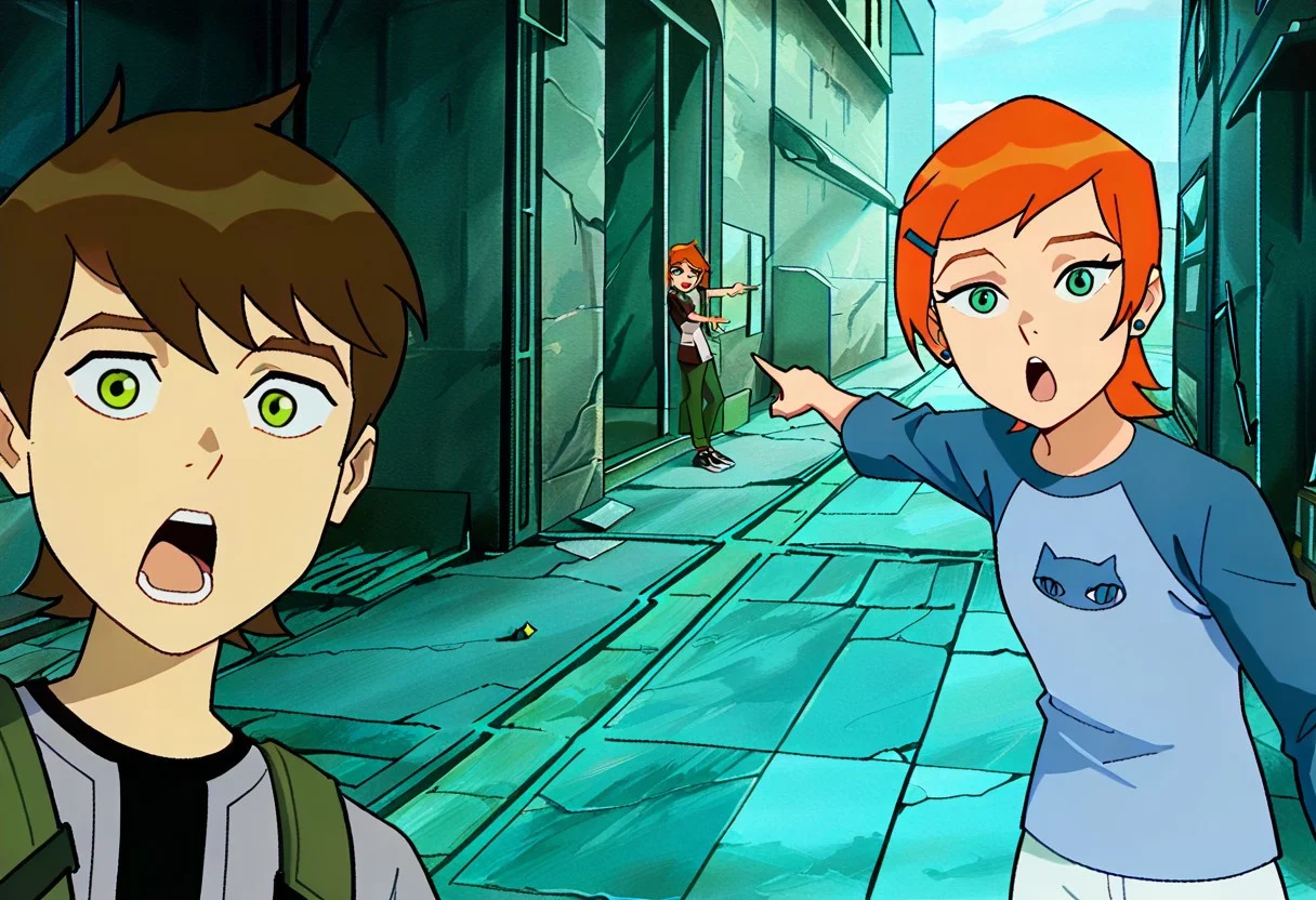 masterpiece, best quality, ben_w_gwen, (1boy, ben_t, brown hair, green eyes), break, (1girl, gwen_t, orange hair, green eyes), two_soyjaks_pointing_(meme), looking at viewer, open mouth, pointing, standing