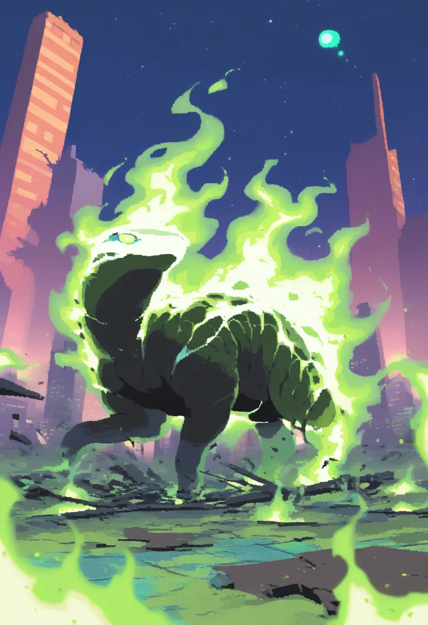 masterpiece, best quality, very aesthetic, absurdres,
rorr,
(wisp), giant creature, no humans, green fire, starry sky, destroyed city background <lora:RoRRNoobLocon_byKonan:1>