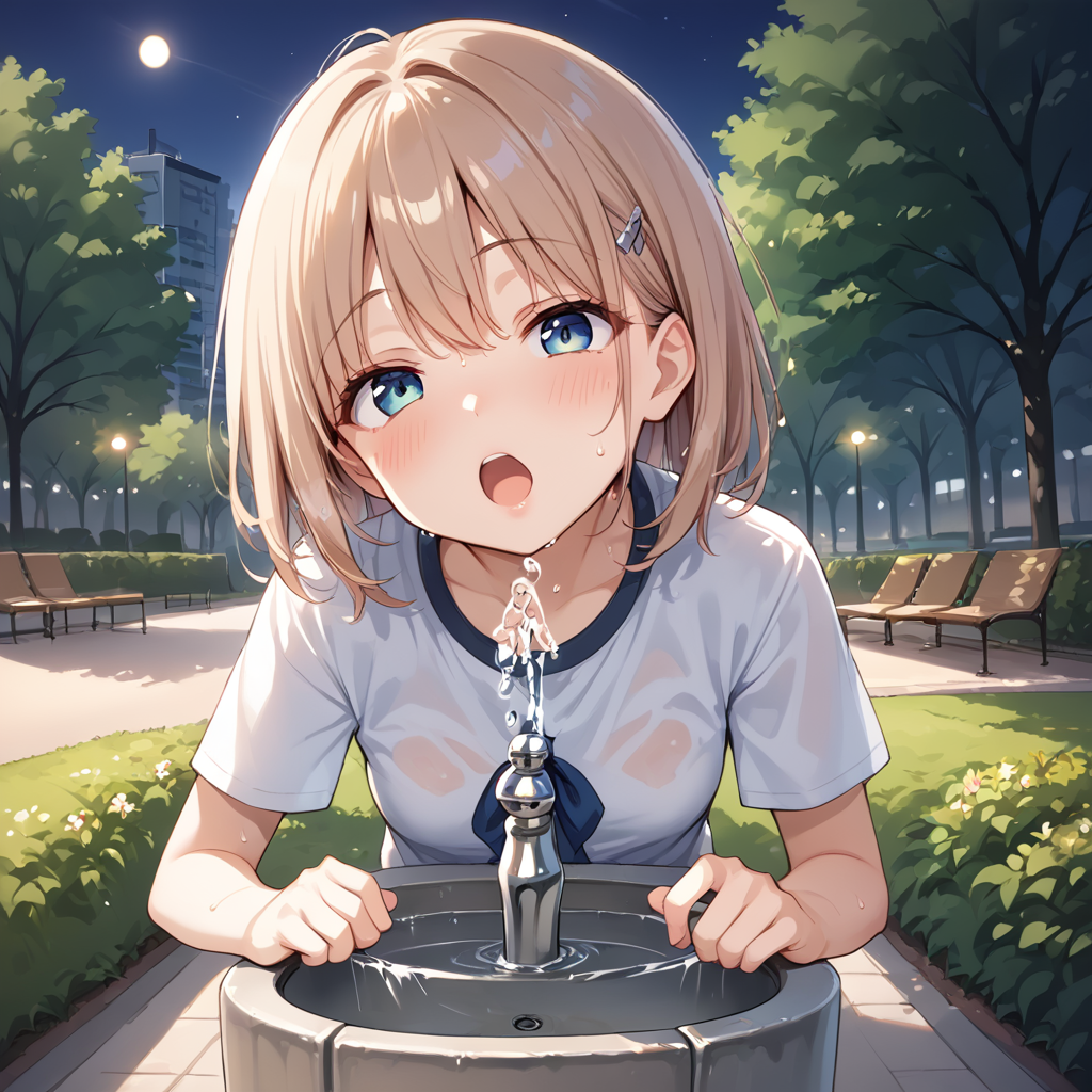 score 9,score_8_up,score_7_up,park,1girl,woman 
 <lora:drinking_fountain:0.8> drinking_fountain ,drink_water,  open mouth, faucet,
BREAK outdoors, park, night time, sweaty,