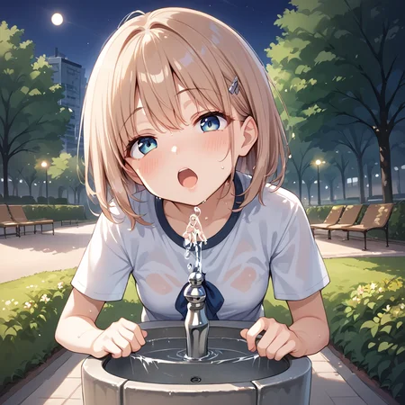 score 9,score_8_up,score_7_up,park,1girl,woman 
 <lora:drinking_fountain:0.8> drinking_fountain ,drink_water,  open mouth, faucet,
BREAK outdoors, park, night time, sweaty,
