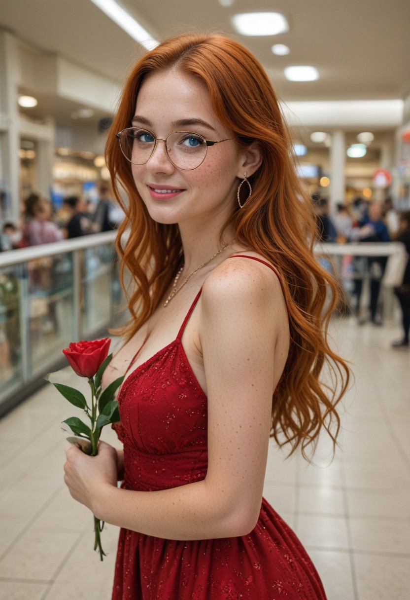 Cute 21 year old woman, hourglass figure, orange hair, long hair, cute black plastic square frame glasses, bright blue eyes, medium breasts, round ass, heavy freckles on face, diamond stud earrings, gold chain necklace with ruby pendant, ruby belly button piercing, wearing a sexy red dress in a mall, posing seductively, happy look, colorful bokeh balls in background, holding a flower